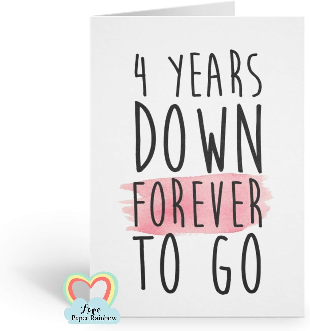 4th wedding anniversary card, 4th anniversary card, 4 years down forever to go, custom anniversary card, personalised anniversary card
