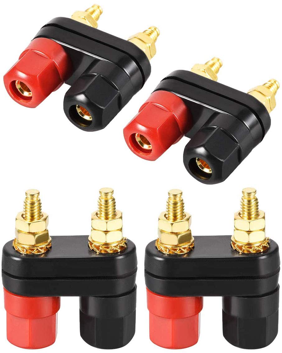 Aofan 4-Pack Dual Binding Post Speaker Terminal Connectors - 4mm Banana Plug Jack, 5mm Threaded Port, Gold-Plated Zinc Alloy (Red/Black)