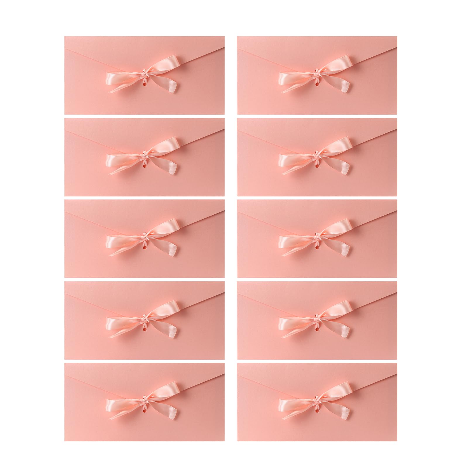 JEKUGOT 10 Pack Kraft Paper Envelopes with Ribbons, 22 * 11 Luxury Mailing Envelopes for Party, Festival, Greeting Cards, Gift Cards (Pink)