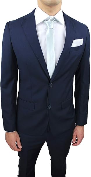 Abito Completo Uomo Sartoriale Blu Scuro Slim Fit Elegante Con Pochette Da Taschino Amazon It Abbigliamento