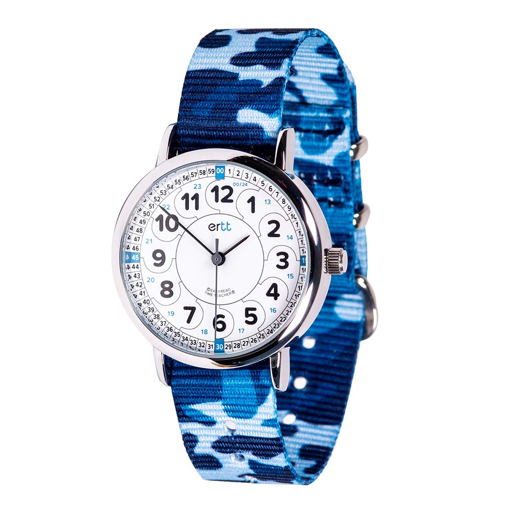EasyRead Time Teacher Children's Watch - 2 Step Time Teacher Watch - White & Blue 12/24 Hr Face - Kids Analogue Easy-To-Read Dial - Blue Camo