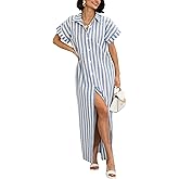 chouyatou Women's Summer Short Sleeve Striped Shirt Dress Beach Maxi Long Belted Casual Button Down Dress