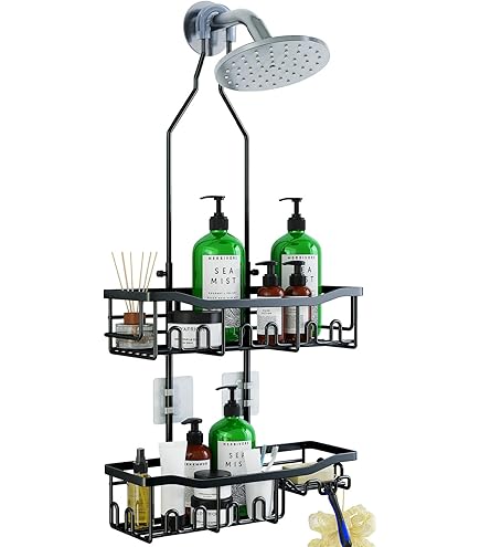 IDesign Milo Hanging Shower Caddy - Steel Organizer With 2 Shelves, 14 Hooks & Towel Bar | 9" X 4.5" X 21.25", Silver, No Drill Needed - View #3