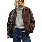 RISCUYY Suede Jacket Women Brown Casual Long Sleeve Lapel Zip Up Cropped Suede Bomber Jacket Women 2025