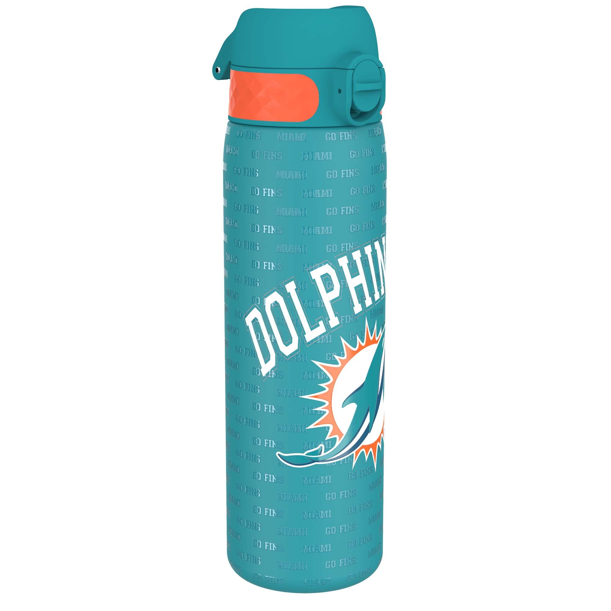 Ion8 NFL Miami Dolphins Lightweight Steel Water Bottle, 600 ml/20 oz, Non-Insulated, Leak Proof, Easy to Open, Secure Lock, Dishwasher Safe, Flip Cover, Fits Cup Holders, Metal Water Bottle — image 1
