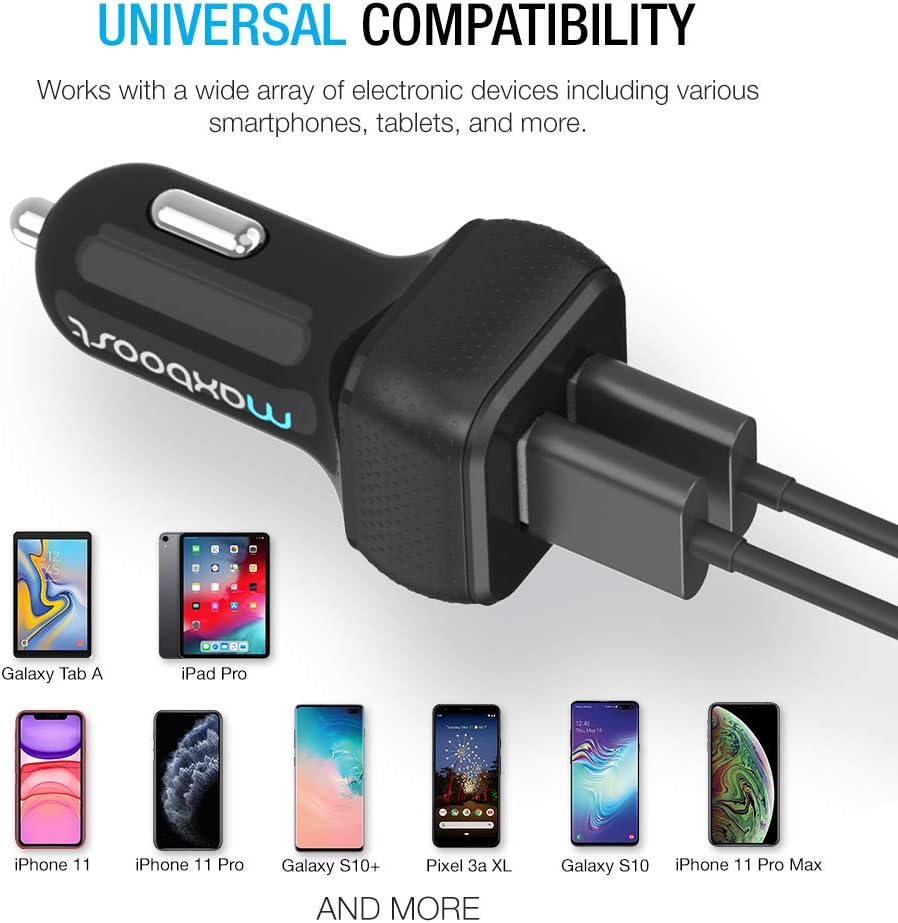 Maxboost Car Charger with SmartUSB Port 4.8A/24W [Black] Charger Adapter for for iPhone 11 Pro Max/XS Max/XR/XS/X/8/7/Plus,Galaxy S20 Ultra/S10/S10+/S10e/Note,LG,iPad Pro/Air 2/Mini,Huawei, Moto,Pixel