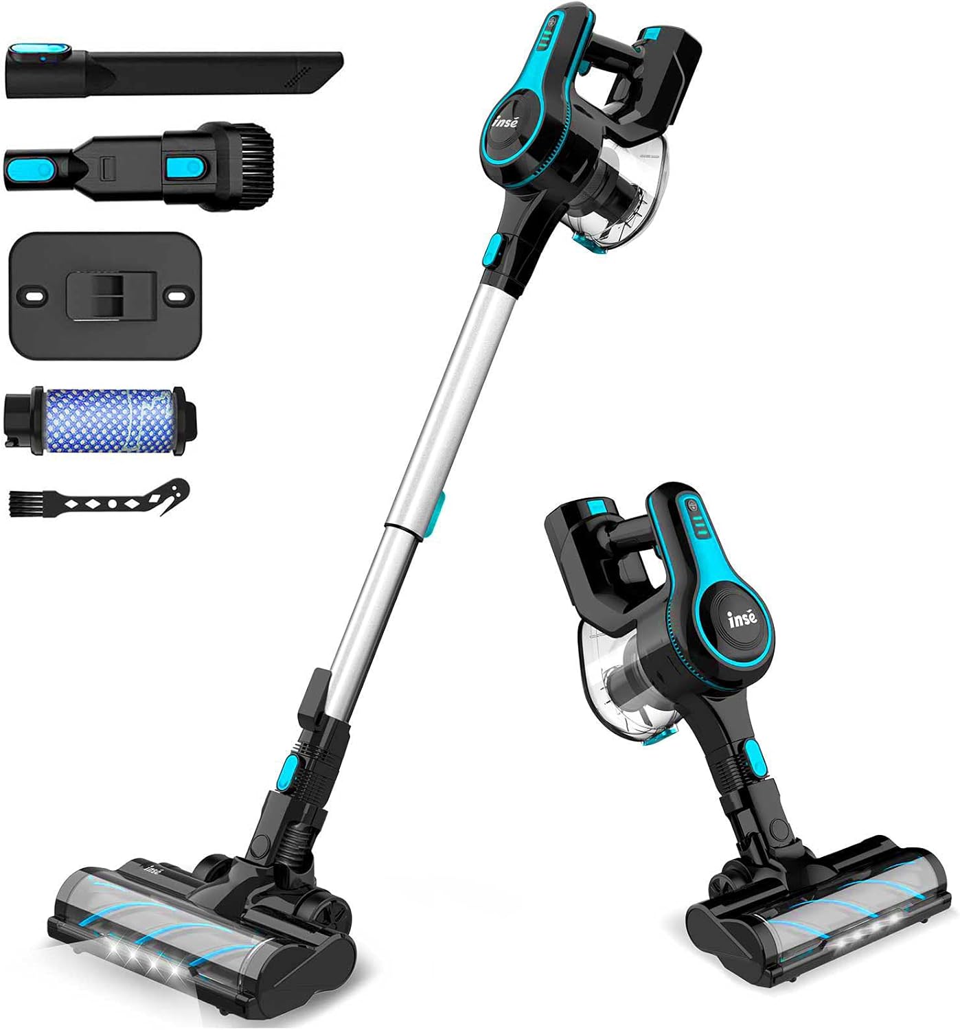 INSE Cordless Vacuum Cleaner, 6 in 1 Powerful Suction Lightweight Stick Vacuum with 2200mAh Rechargable Battery, Up to 45min Runtime, for Home Furniture Hard Floor Carpet Car Pet Hair-N5 Light Blue