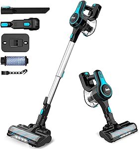 INSE Cordless Vacuum Cleaner, 6 in 1 Powerful Suction Lightweight Stick Vacuum with 2200mAh Rechargable Battery, Up to 45min Runtime, for Home Furniture Hard Floor Carpet Car Pet Hair-N5 Light Blue