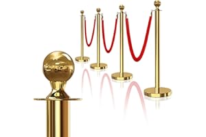 JLXMAXLJ 4PCS Gold Stanchions Posts with 3PCS 5 ft Red Velvet Rope, Red Velvet Rope Stanchion Set Crowd Control Barriers, Stanchions and Velvet Ropes Red Carpet Poles for Party Supplies