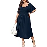 SHESTARR Women's Plus Size Midi Dress Sweetheart Neck Short Sleeve Wedding Guest Cocktail A Line Flowy Dress