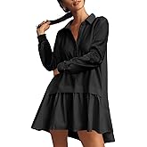 Fisoew Womens Oversized Sweatshirt Dress Long Sleeve V Neck Patchwork Casual Pullover Tops Loose Fit Mini Dresses