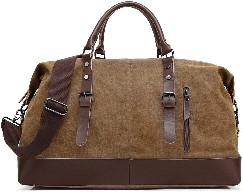 TILEMALL Oversized Canvas Holdall Travel Carry On Duffel Bags Plus Handbag Shoulder Bag Crossbody Overnight Weekend Bag Unisex Travel Holdall Handbag with PU Leather Handle (Coffee) - Image 3