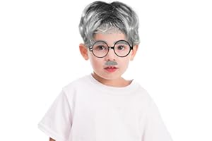 HyperFun Old Man Costume For Kids School Grandpa Dress Up Accessories For 100th Day Including Old Man Eyebrows & Moustache, Fake Glasses, Old Man Costume Wig For Kids Gray