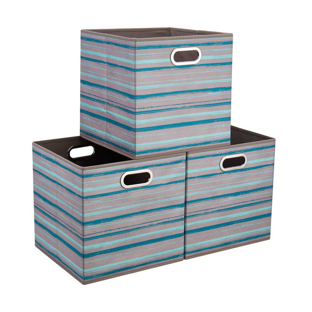 HSDT 3 Cube Storage Bins Teal Stripes Gradient Lines 10.5x10.5x11 Inch Foldable Whale Coastal Print Fabric Half Storage Basketes for Home Organizers Storage Drawer,QY-SC12-3