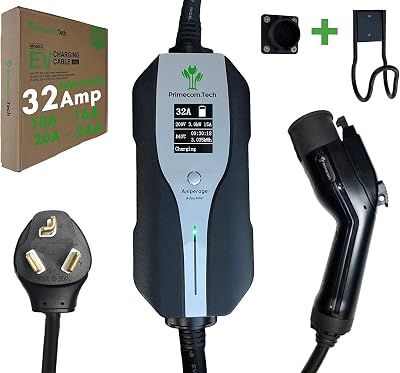 PRIMECOM.TECH Level 2 Electric Vehicle (EV) Charger Amperage Adjustable (10Amp - 16Amp - 20Amp - 24Amp - 32Amp) 30Ft Cable EVSE Plug-in Hybrid (30 FT, 10-30P)