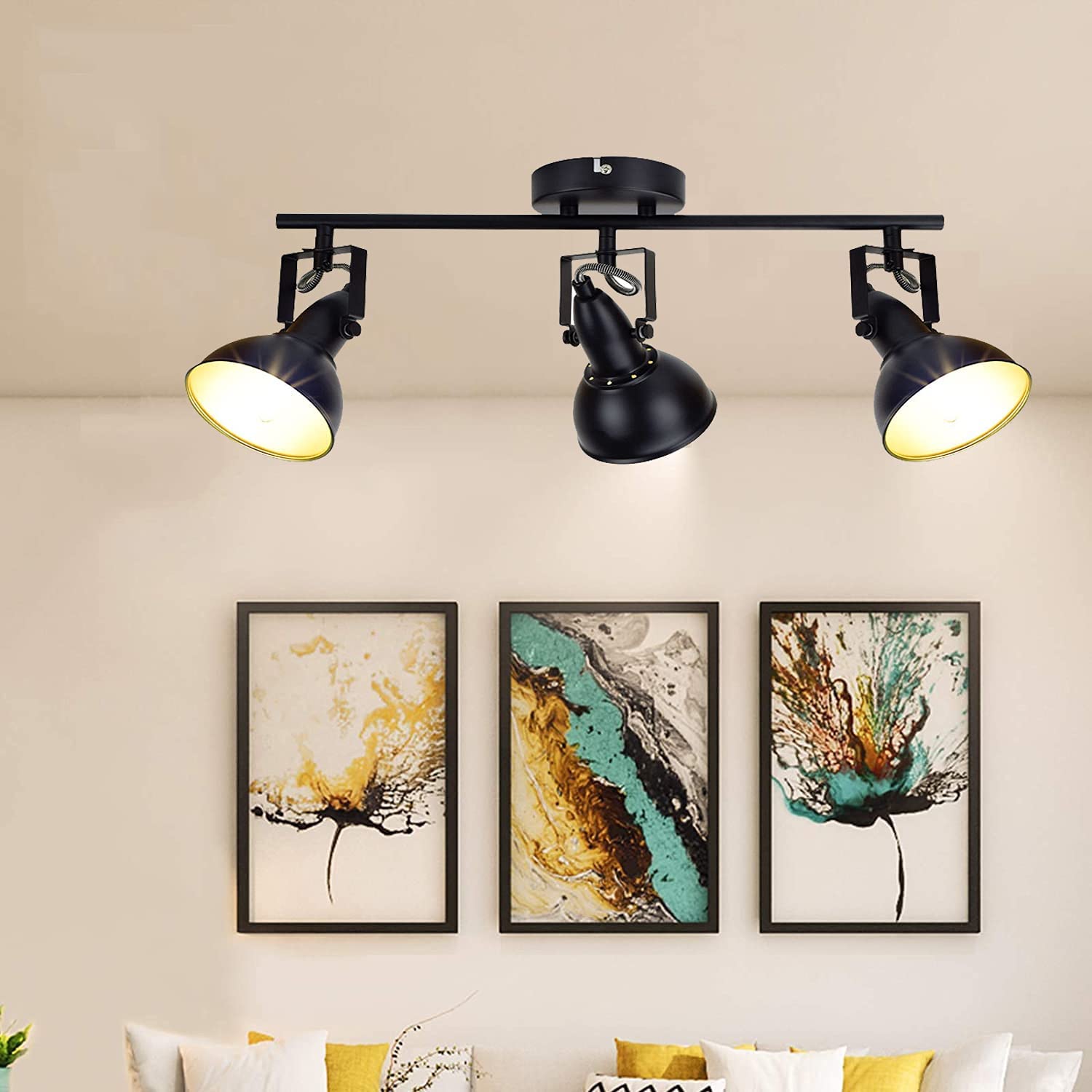 Depuley Retro 3 Way Swiveling Ceiling Spotlight, Kitchen Lights with 3 Trumpet-Shaped Shade, Black-Gold Metal Iron Cover, Rotatable Ceiling Lighting for Living Room Bedroom Kitchen (No Bulbs)