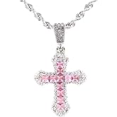 Joddfly Crystal Cross Pendant Necklace, Pink Zircon Stones, Silver Chain, 24 Inches