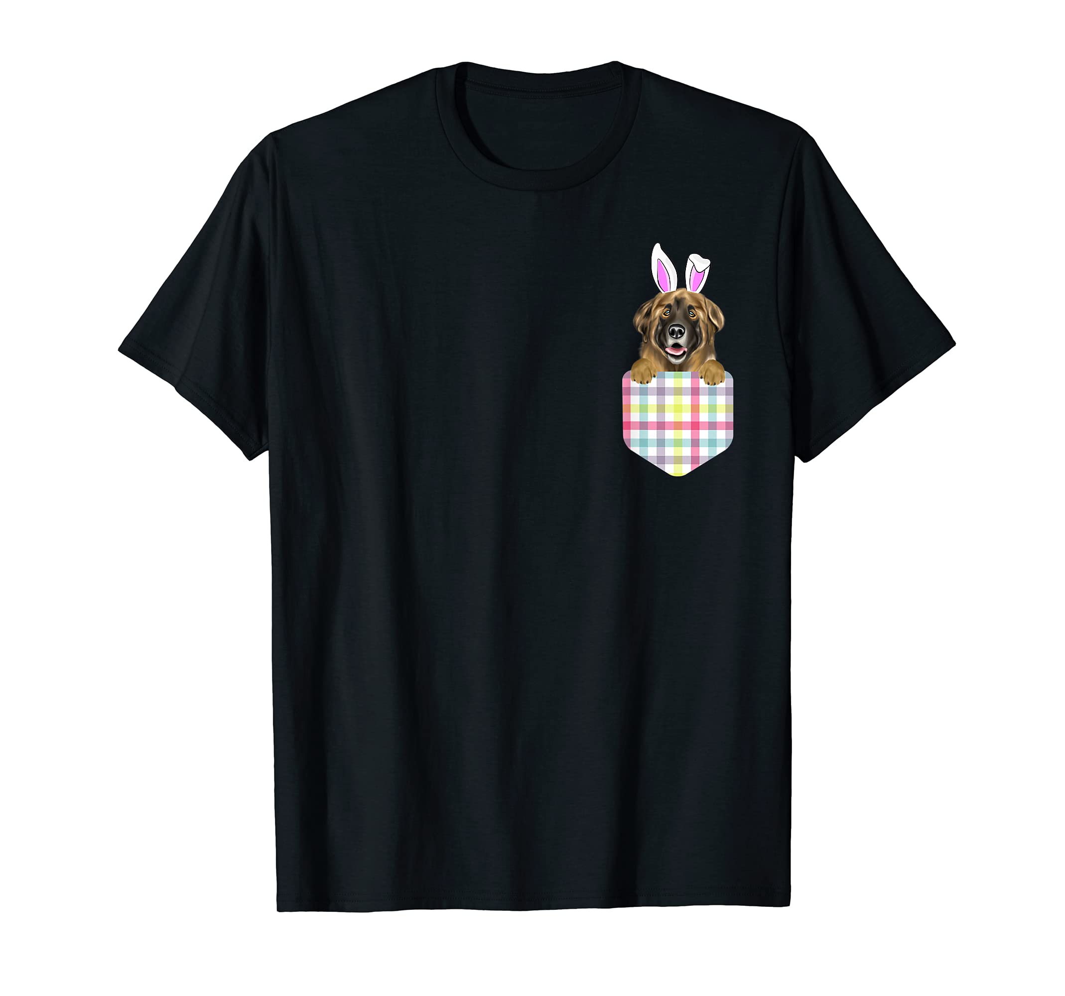 Easter Plaid Leonberger Bunny Dog In Pocket T-Shirt