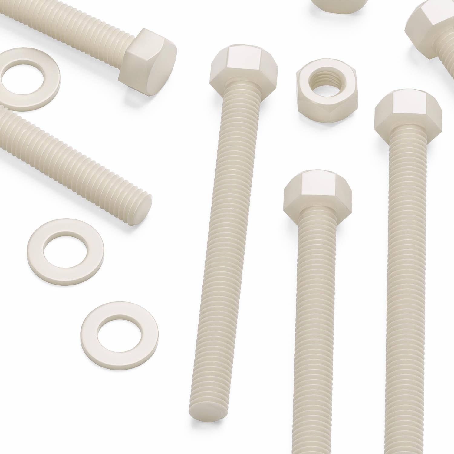 10x Natural Nylon Hex Head, M10 x 100mm, Plastic Nuts and Bolts, Washers, Hexagon, Nylon