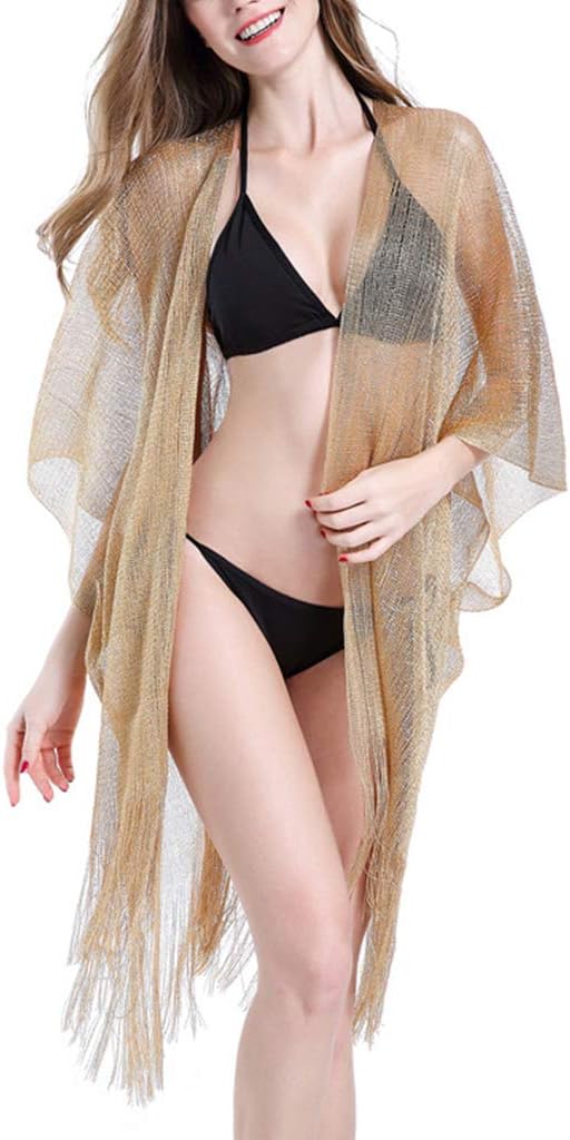 Womens Summer Metallic Glitter Solid Color Swimsuit Cover Up Long Tassels Asymmetric Hem Kimono Cardigan Sheer Knitted Sunscreen Shawl Beachwear