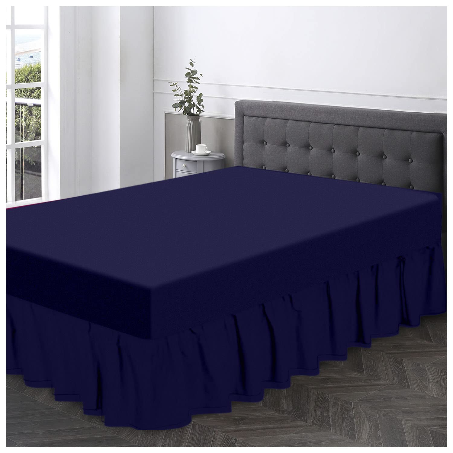 Supersoft Frilled Valance Sheet Double, Plain Dyed Bed Skirt, Luxury Bedding & Linen, Navy