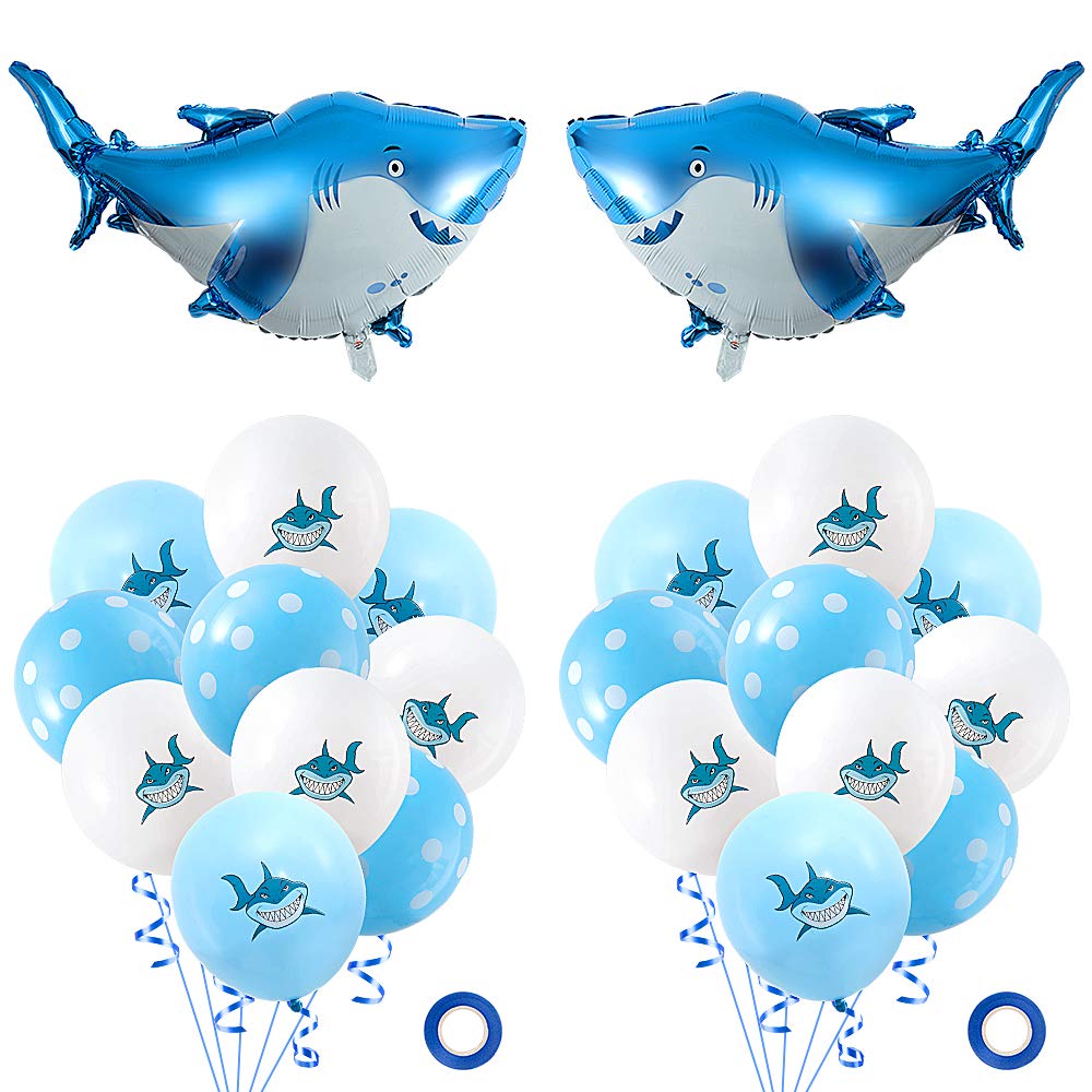 MOOKLIN ROAM 24pcs Shark Balloon Set, include 20pcs Premium Blue and White 12" Latex Balloons, 2pcs Big Foil Balloons with 2 Blue Ribbons for Kids Birthday Themed Party Favor Supplies Decorations