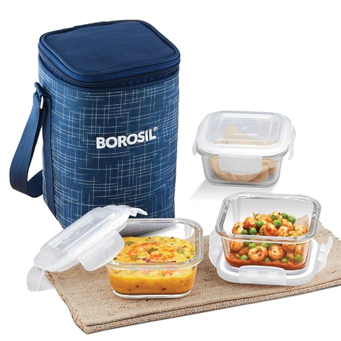 Buy Borosil Indigo Glass Lunch Box Set of 3, 320 ml, Microwave Safe