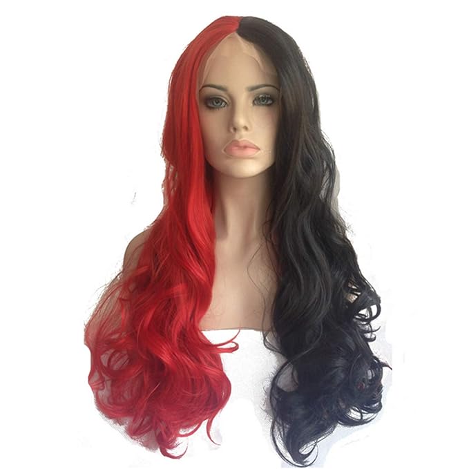 Amazon Com Capless Half Black Half Red Color Long Big Curly Heat Resistant Cosplay Synthetic Hair Wigs 24inches Beauty