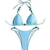 WDIRARA Women's Beaded Triangle Bikini Set Halter String Swimsuit 2 Piece Bathing Suit