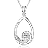LWXIE Diamond Ocean Wave Necklace for Women 925 Sterling Silver Teardrop Pendant Necklace with Lab Grown Diamond Summer Beach Jewelry Gifts