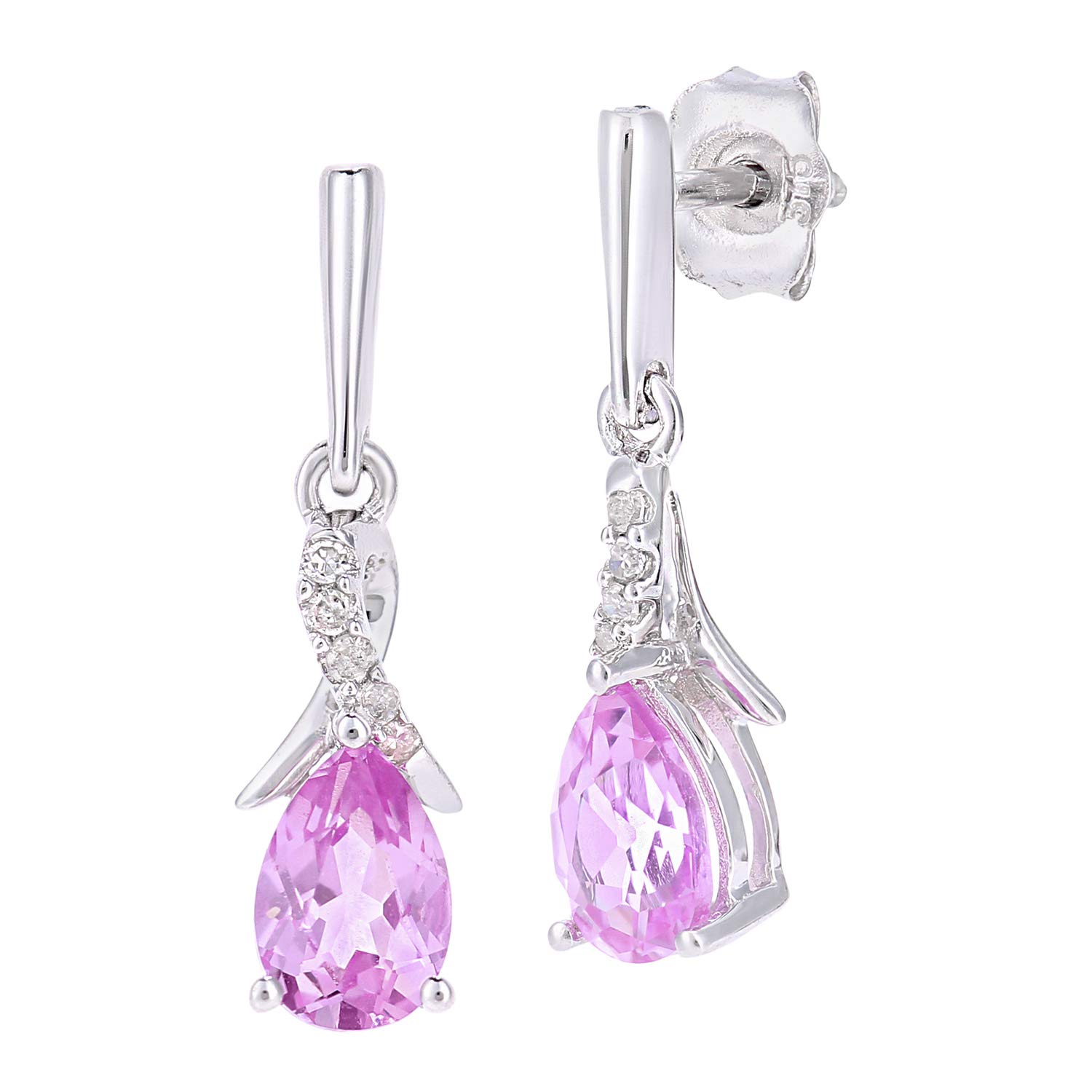 Naava 9ct White Gold Teardrop Pink Sapphire and Diamond Twist Drop Earrings