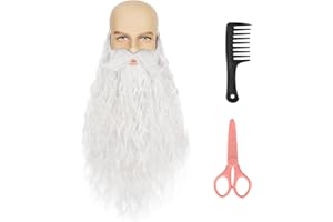 Krfapt Fake Beard Long Curly White for Santa Costume, Gandalf Cosplay with Handlebar Mustache - Realistic Facial Hair Accessories for Adults with Comb & Scissors Kit (White)