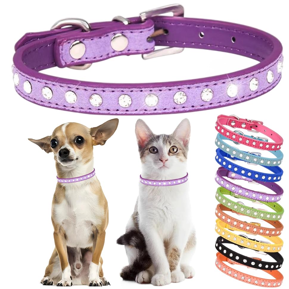 Rhinestone Dog Collar Cute Crystal Diamond Cat Collar Soft Leather Kitten Puppy Collars Adjustable for Small Medium Dogs Purple XS