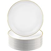 Bestluck 100 PCS Gold and White Plastic Plates, 7 inch White Disposable Plates for Party, Plastic Dessert/Salad Plates