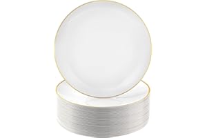 Goodluck 100 PCS Gold and White Plastic Plates, 7 inch White Disposable Plates for Party, Plastic Dessert/Salad Plates