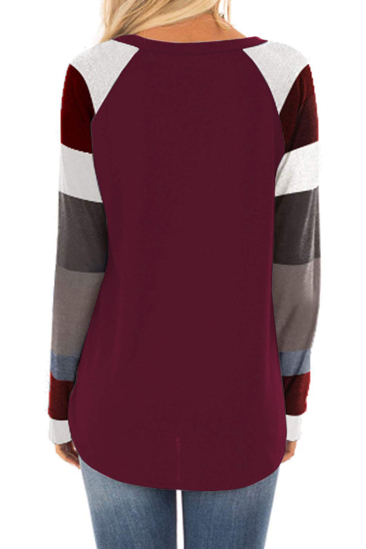 AMCLOS Womens O-Neck Shirts Striped Tops Tunic Blouses Casual Long Sleeve (2XL, A-Wine Red)