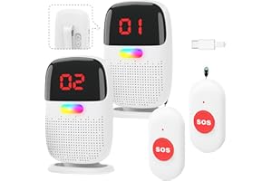 MERLRR Caregiver Pager System with Digital Display for Elderly Assistance, Fall Prevention, and Nurse Calling，Wearable Wireless Pager for Patient Help at Home (2 Call Buttons + 2 Receivers)