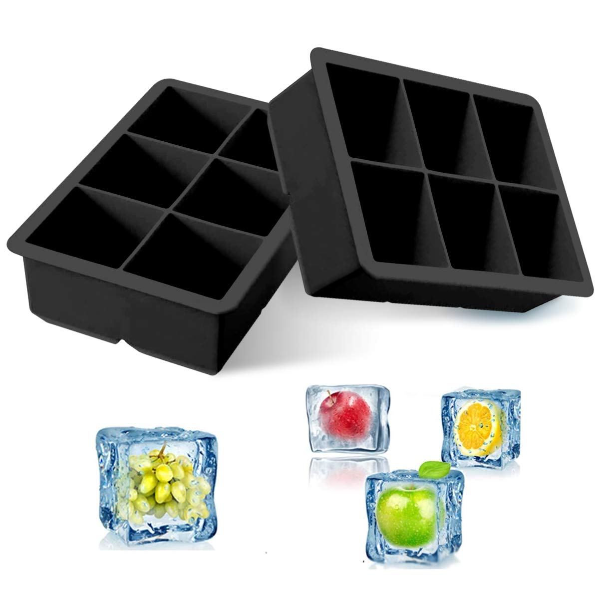 iNeibo® Silicone Large Ice Cube Tray Silicone Big Ice Mold - Make 6 Pieces 2 Inch Ice Cube for Whiskey Drinking, A Must-Have for Cooling Bar Drinks Make Fun Ice Food (Black, 2 Pack)