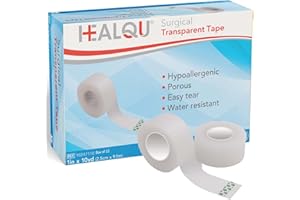HEALQU Surgical Transparent Tape for Wound Care, Tubing, First Aid Supplies - 1" x 10yd Box of 12 Breathable, See Through, Mi