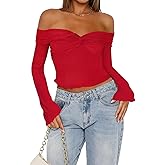 Goafuliy Off The Shoulder Tops for Women Long Sleeve Crop Blouses Twist Front Lettuce Trim Y2K Going Out Shirts