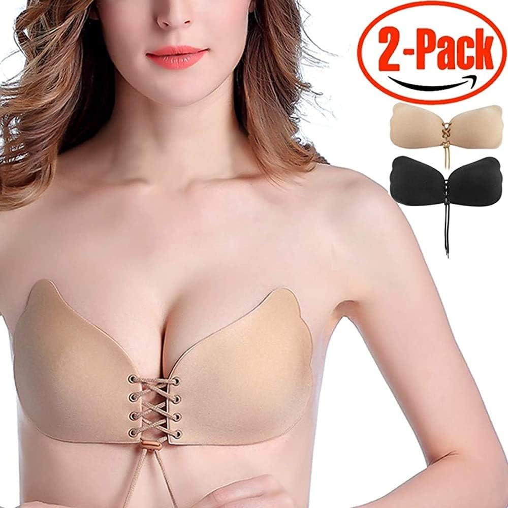 ANGELGG Women's Strapless Self Adhesive Silicone Invisible Push-up Bras, Pack of 2