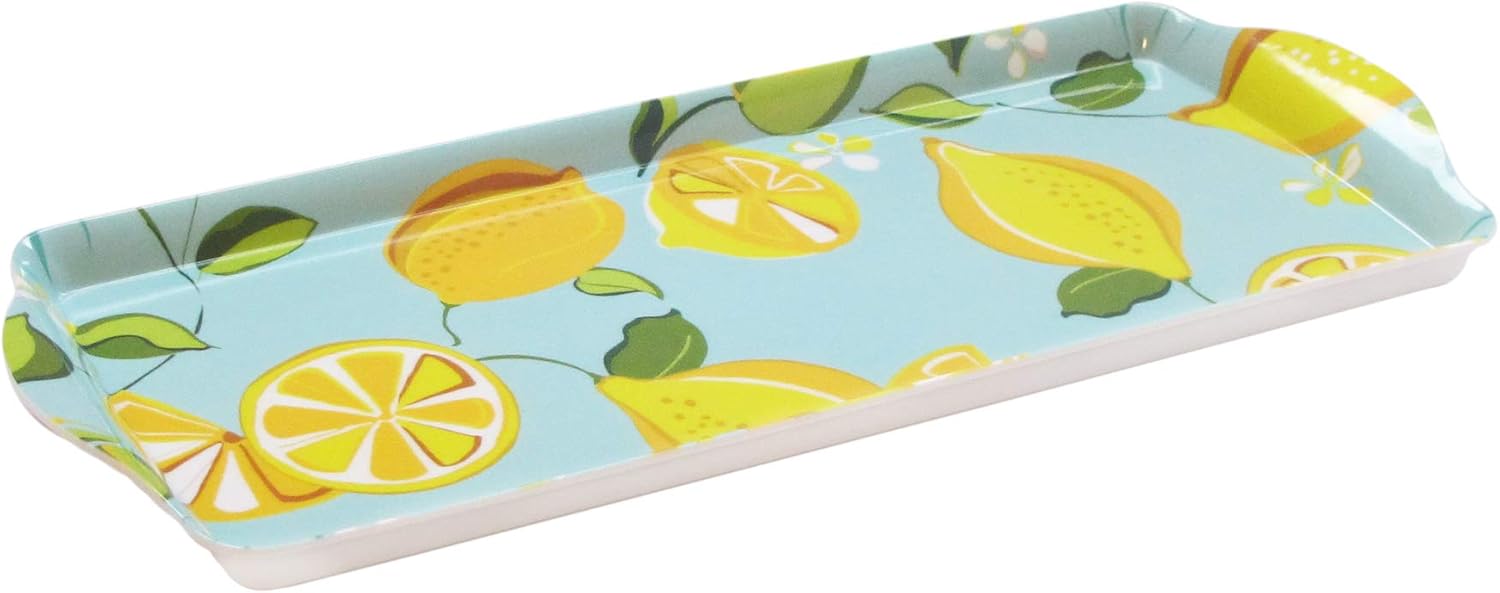 Trina Turk Melamine Set of 2 Serving Trays Stylish Indoor & Outdoor Platter for Home Entertaining, Cocktail Hour, Snack- Decorative Display for Jewelry, Candles & Barware, 2, Lemons/Aqua