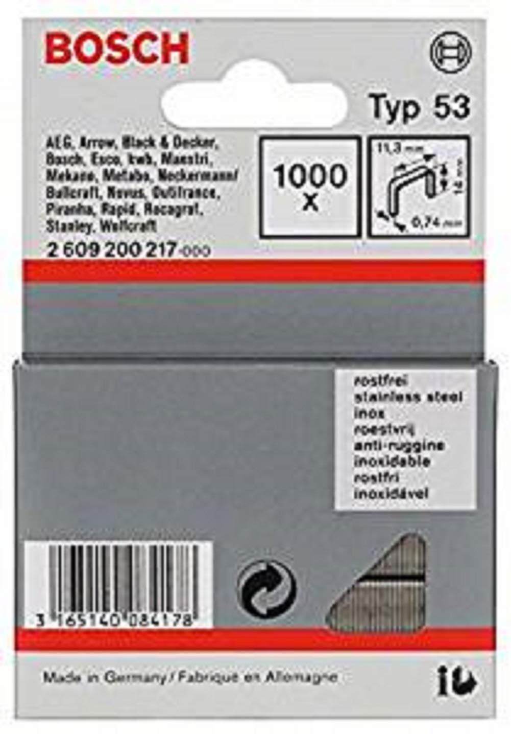 Bosch Professional 1000x Fine Wire Staple Type 53 Stainless (Textiles, Carton, 11.4 x 0.74 x 14 mm, Accessories Tacker, Staple Gun)