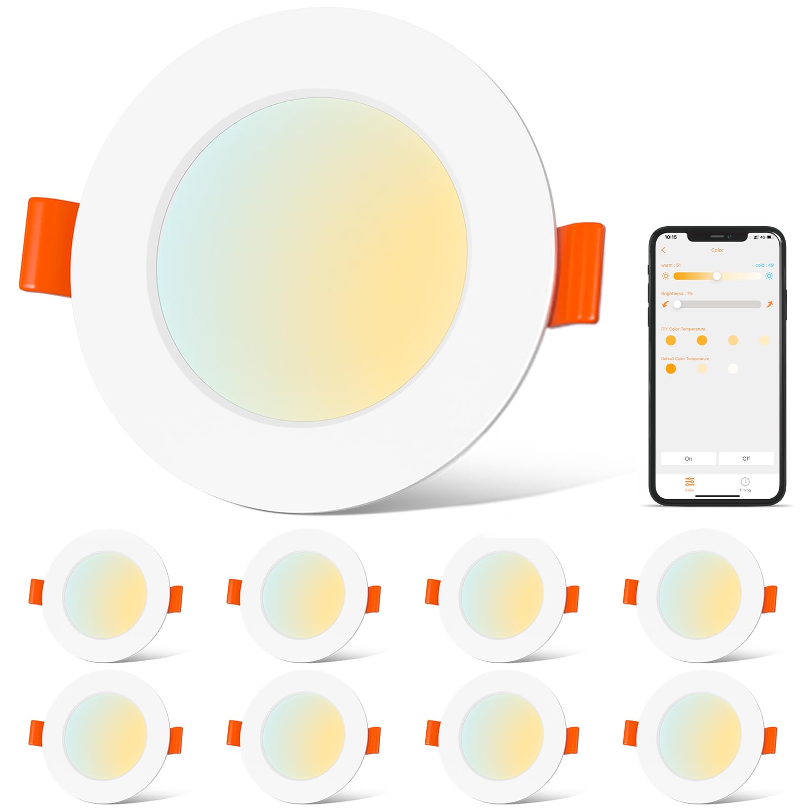 ChangM LED Downlights Ceiling for Alexa 3 inch 8W，Bluetooth Smart Spot Lights with APP and Voice Control, Recessed Ceiling Lights Daylight 2700-6000K Lighting for Bedroom Kitchen 8 Packs