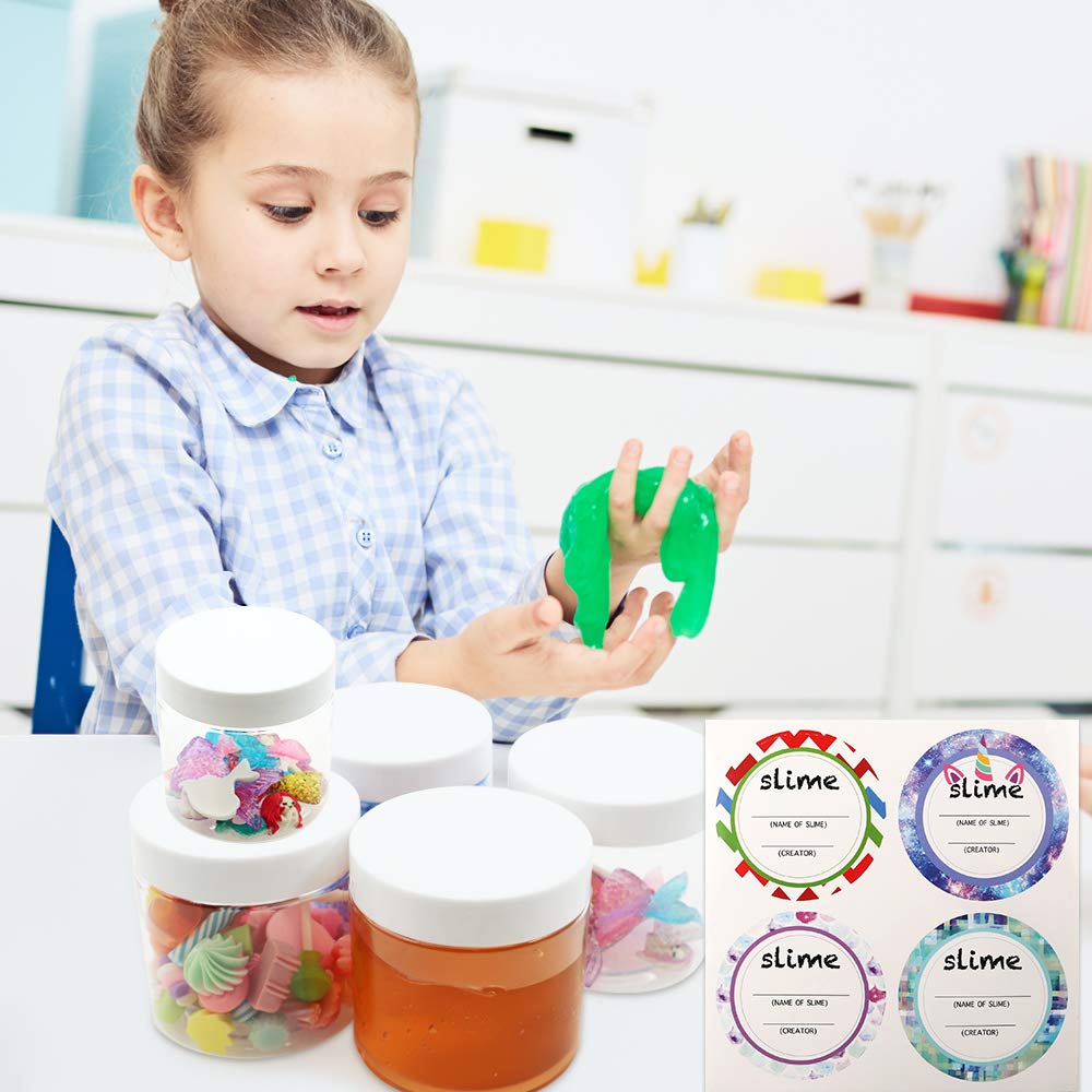 SGHUO Empty 24 Pack Slime Containers, 12 6oz and 12 2oz Plastic Storage Jars with Lids and Labels for DIY Slime, Glitter, Jewelry Making Supplies, Foam Beads