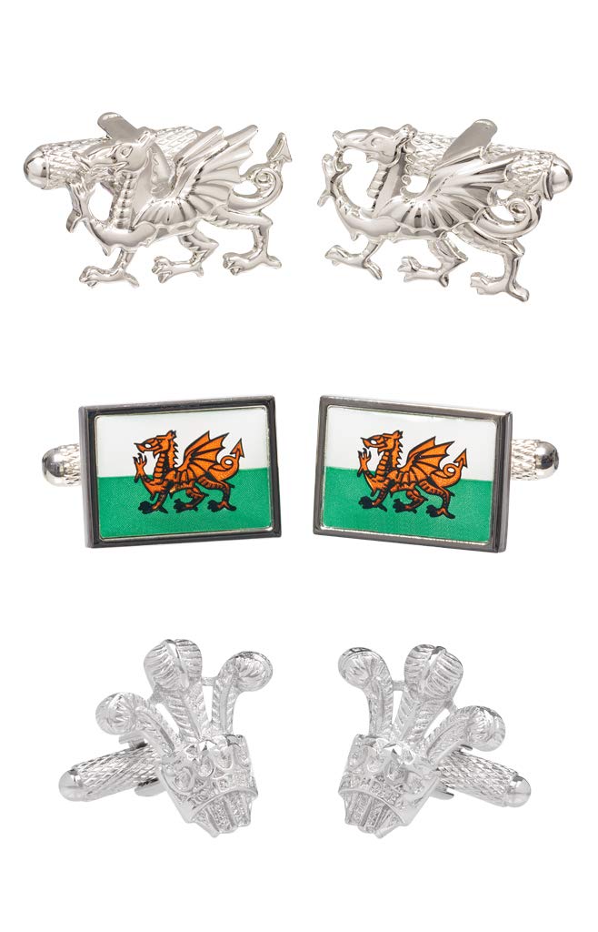 Set of 3 Pairs of Mens Shirt Cufflinks Welsh Themed Including Welsh Dragon Welsh Flag and Prince of Wales Feathers Presented in Cufflink Gift Box