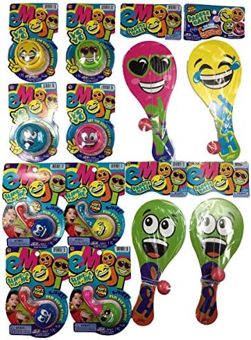 Children’s Toys| balls games| racquets| Emoji imoji Bundle Combo party favor with 4 Yo-yo , 4 paddle ball and 4 sling shots| Great for birthdays| Emoji faces may vary