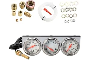 Abizarch Triple Gauge Kit, 3 in 1 Car Oil Volt Water Gauge, Chrome Housing, White Face, Red Needles, 51mm Size, 100-280F Water Temp, 8-16V Volts, 0-100psi Oil Pressure