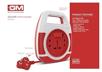 GM Modular 3045-Square 3 Pin Flex Box 4 Meter (with Handle, Indicator & International Socket),Orange and White