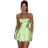 AGYMNX Women Sexy Spaghetti Strap Satin Dress Sleeveless Low Cut Backless Short Romper Dress Party Jumpsuit Mini Sundress